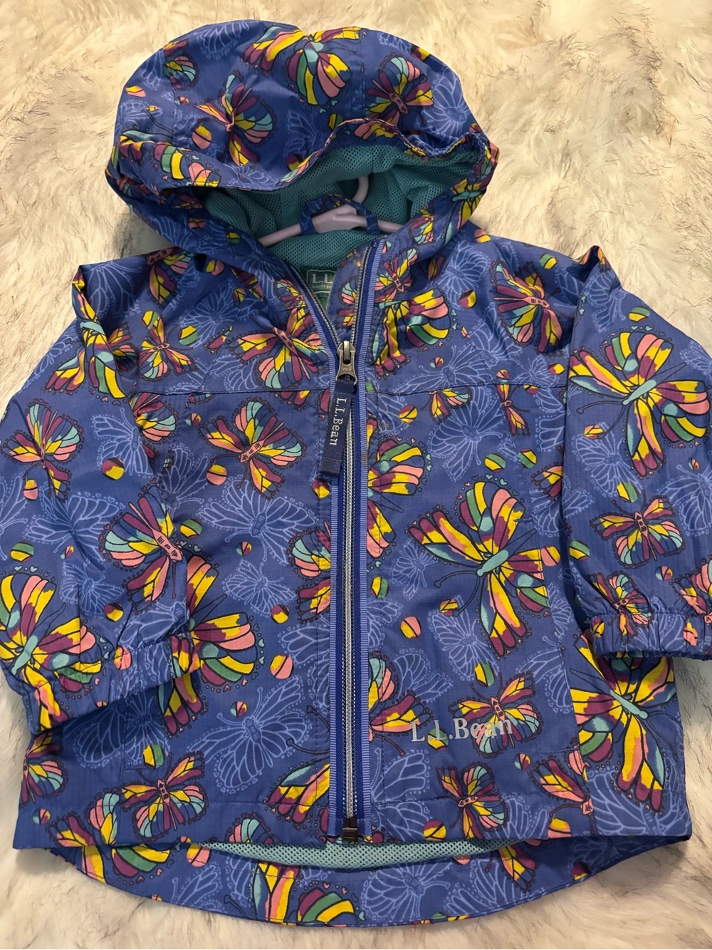 L.L. Bean Girls' Hooded Rain Jacket - Blue with Multicolor Butterflies